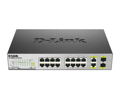 D-Link Unmanaged Switch 16 Port 10/100 Mbps and 2 Port SFP Combo 16 Port PoE Max budget 246W 802.3af DES-1018MP